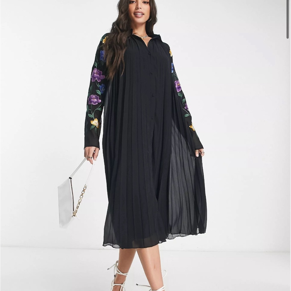 ASOS DESIGN Tall pleated midi shirt dress with embroidered sleeves in black